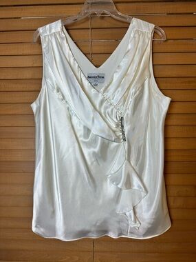 Vintage Another Thyme Woman Ivory Satin Ruffle V-Neck Sleeveless Top Feminine 2X